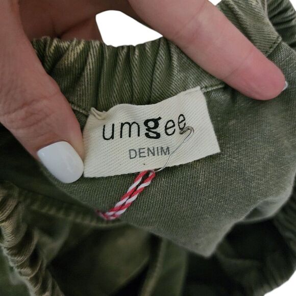 Umgee Off Shoulder Ruffle Denim Mini Dress Womens M Khaki Green - Picture 7 of 8
